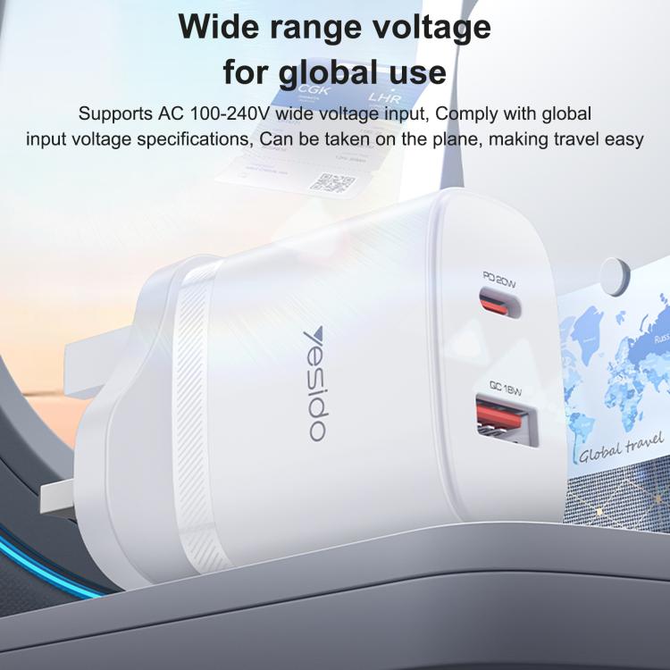 Yesido YC152 PD20W USB-C / Type-C and QC18W USB-A Dual Ports Charger Set with Type-C to Type-C Cable, UK Plug - White
