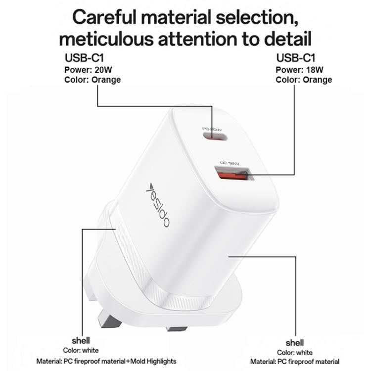 Yesido YC152 PD20W USB-C / Type-C and QC18W USB-A Dual Ports Charger Set with Type-C to Type-C Cable, UK Plug - White