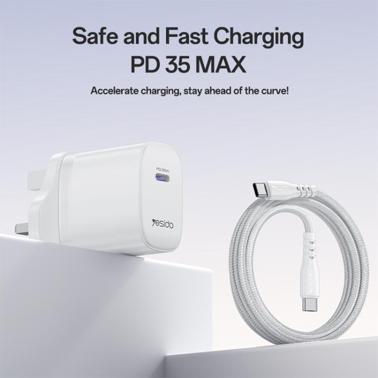 Yesido YC153 PD35W USB-C / Type-C Single Port Fast Charger Set with Type-C to Type-C Cable, UK Plug - White