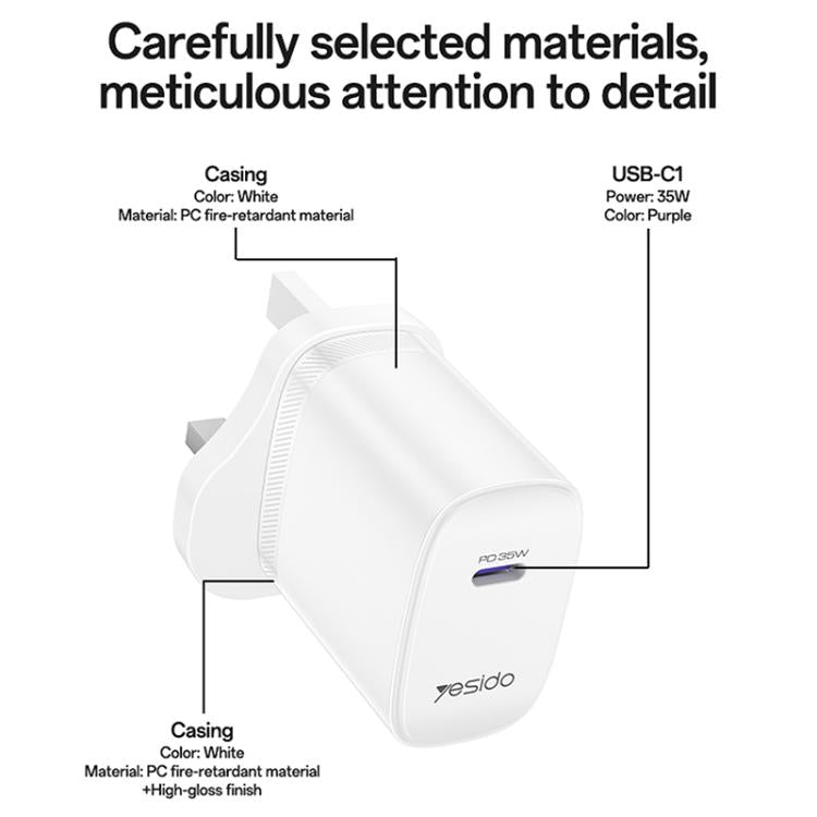 Yesido YC153 PD35W USB-C / Type-C Single Port Fast Charger Set with Type-C to Type-C Cable, UK Plug - White