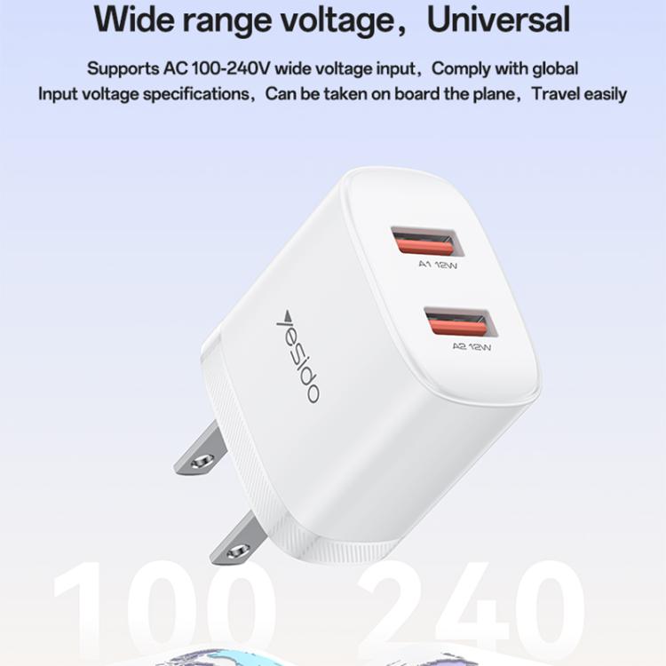 Yesido YC17U 12W 2.4A USB Dual Ports Charger Set with 1m USB to Type-C Data Cable, US Plug - White