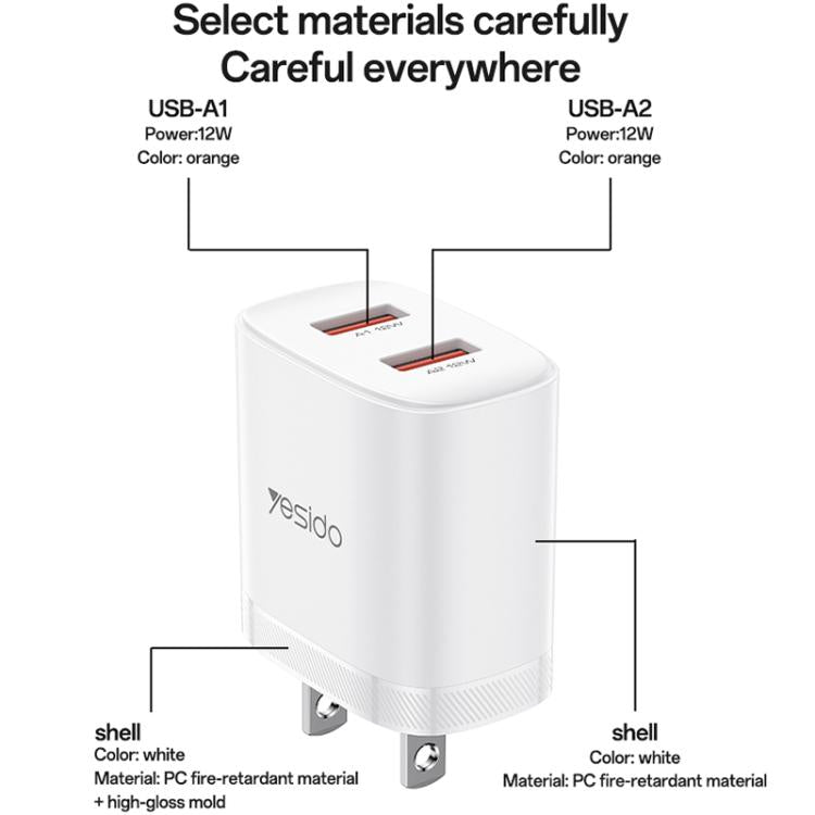 Yesido YC17U 12W 2.4A USB Dual Ports Charger Set with 1m USB to Type-C Data Cable, US Plug - White