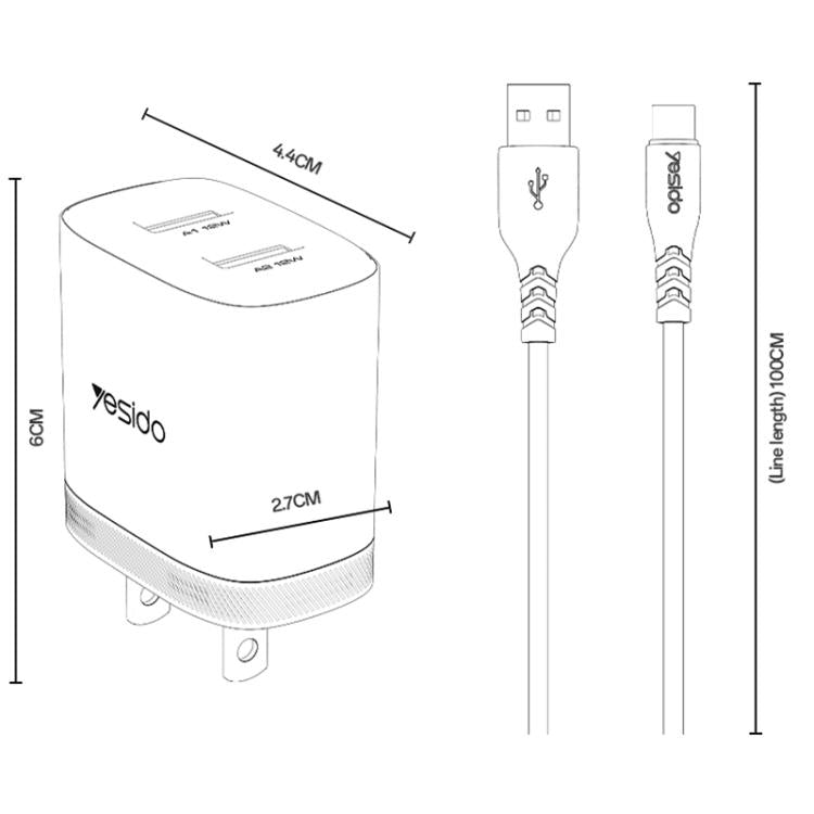 Yesido YC17U 12W 2.4A USB Dual Ports Charger Set with 1m USB to Type-C Data Cable, US Plug - White