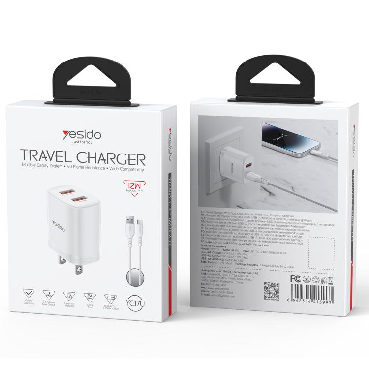Yesido YC17U 12W 2.4A USB Dual Ports Charger Set with 1m USB to Type-C Data Cable, US Plug - White