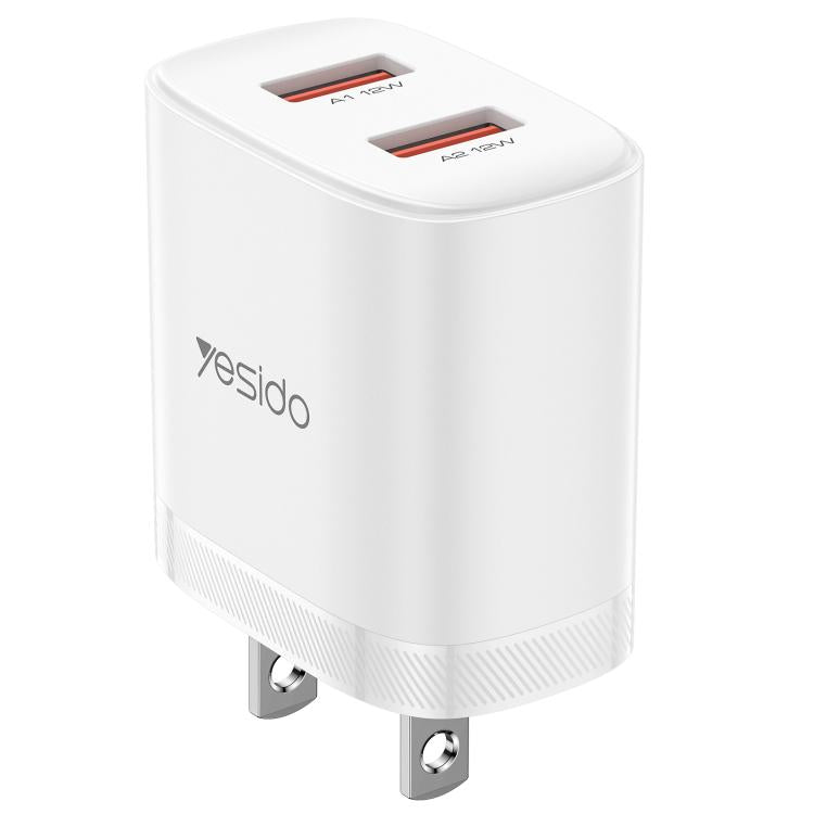 Yesido YC17U 12W 2.4A USB Dual Ports Charger Set with 1m USB to Type-C Data Cable, US Plug - White