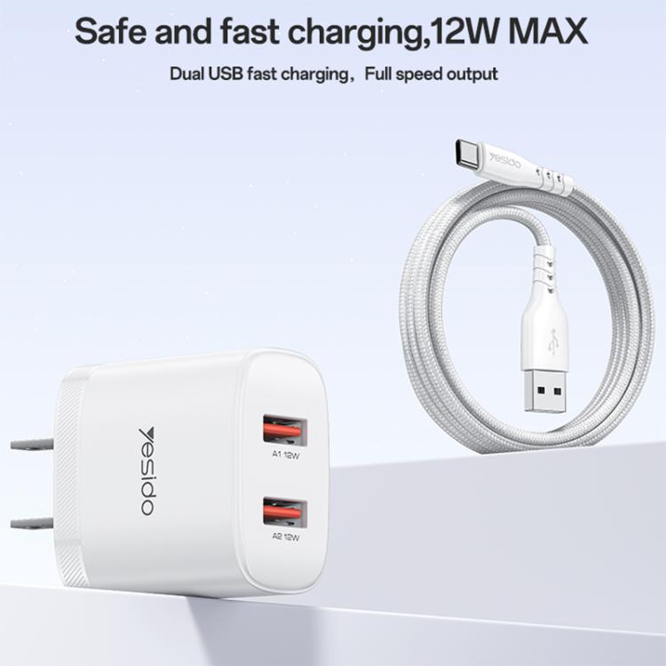 Yesido YC17U 12W 2.4A USB Dual Ports Charger Set with 1m USB to Type-C Data Cable, US Plug - White