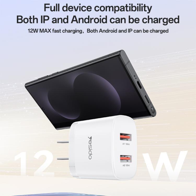 Yesido YC17U 12W 2.4A USB Dual Ports Charger Set with 1m USB to Type-C Data Cable, US Plug - White
