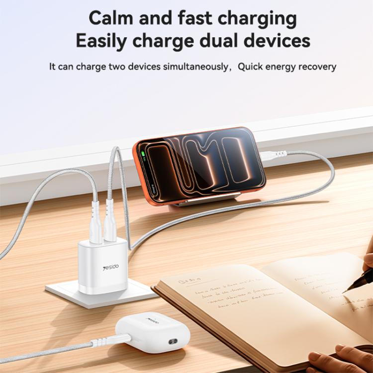 Yesido YC17U 12W 2.4A USB Dual Ports Charger Set with 1m USB to Type-C Data Cable, US Plug - White