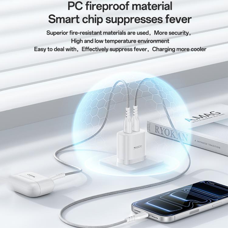 Yesido YC17U 12W 2.4A USB Dual Ports Charger Set with 1m USB to Type-C Data Cable, US Plug - White