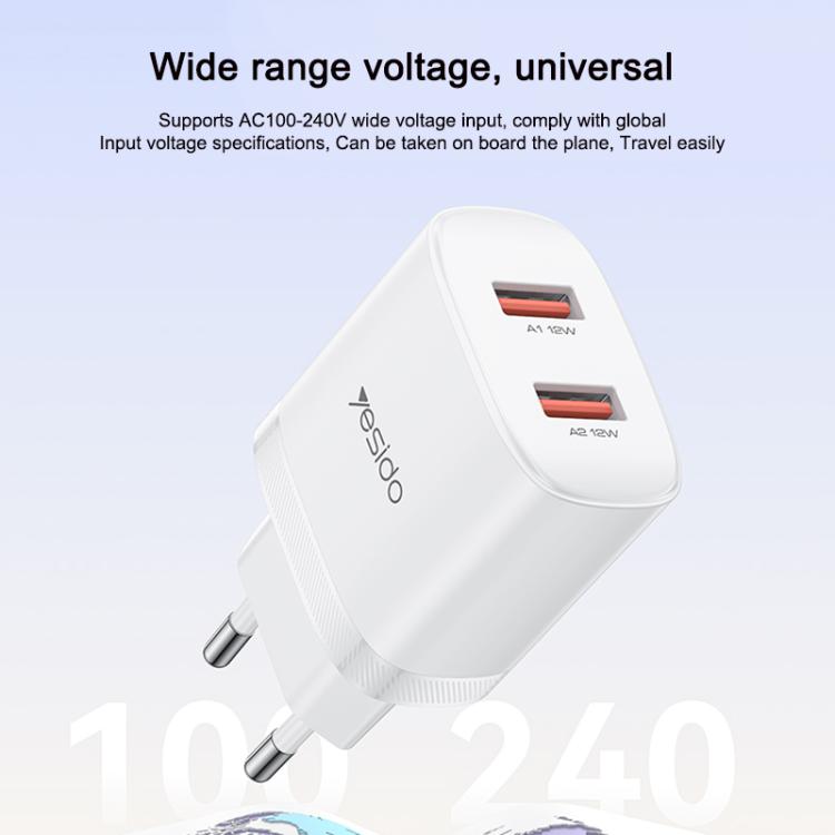 Yesido YC104 12W 2.4A USB Dual Ports Charger Set with 1m USB to Type-C Data Cable, EU Plug - White