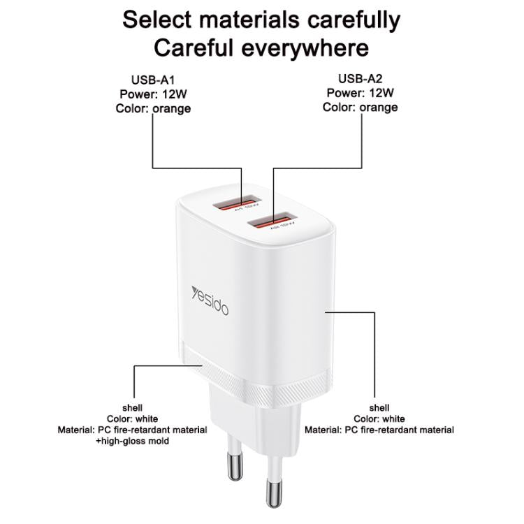 Yesido YC104 12W 2.4A USB Dual Ports Charger Set with 1m USB to Type-C Data Cable, EU Plug - White