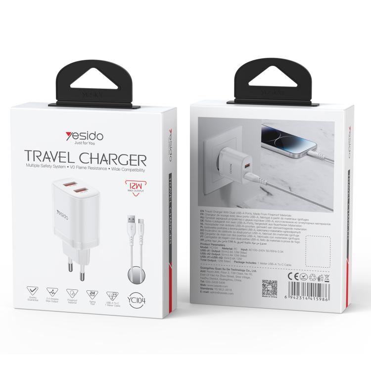 Yesido YC104 12W 2.4A USB Dual Ports Charger Set with 1m USB to Type-C Data Cable, EU Plug - White