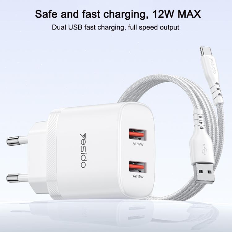 Yesido YC104 12W 2.4A USB Dual Ports Charger Set with 1m USB to Type-C Data Cable, EU Plug - White