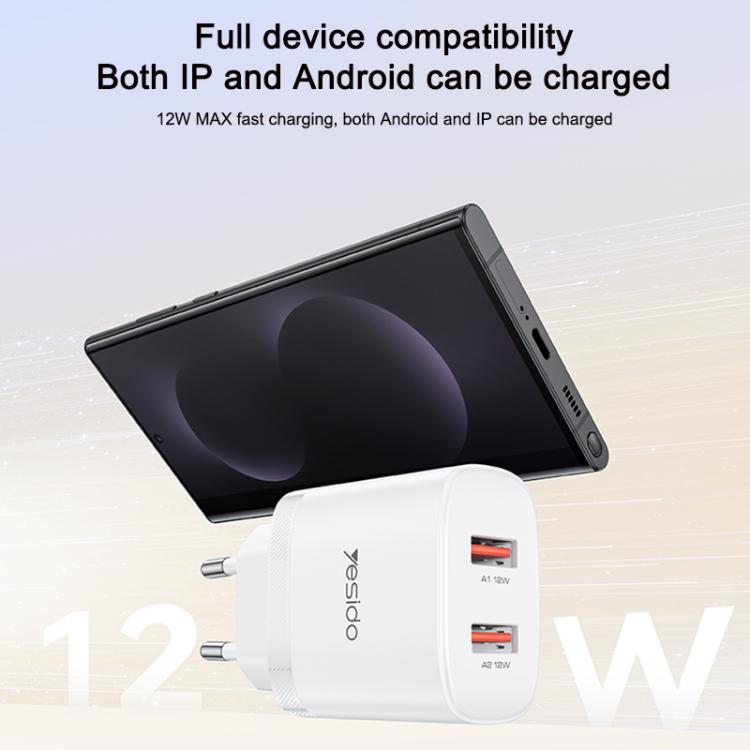 Yesido YC104 12W 2.4A USB Dual Ports Charger Set with 1m USB to Type-C Data Cable, EU Plug - White