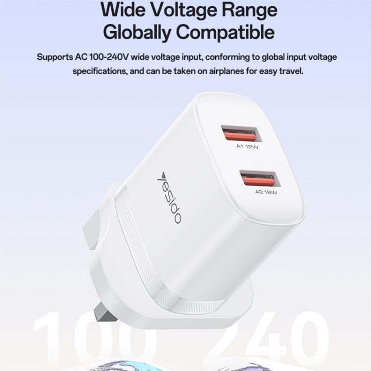 Yesido YC150 12W 2.4A USB Dual Ports Charger Set with 1m USB to Type-C Data Cable, UK Plug - White