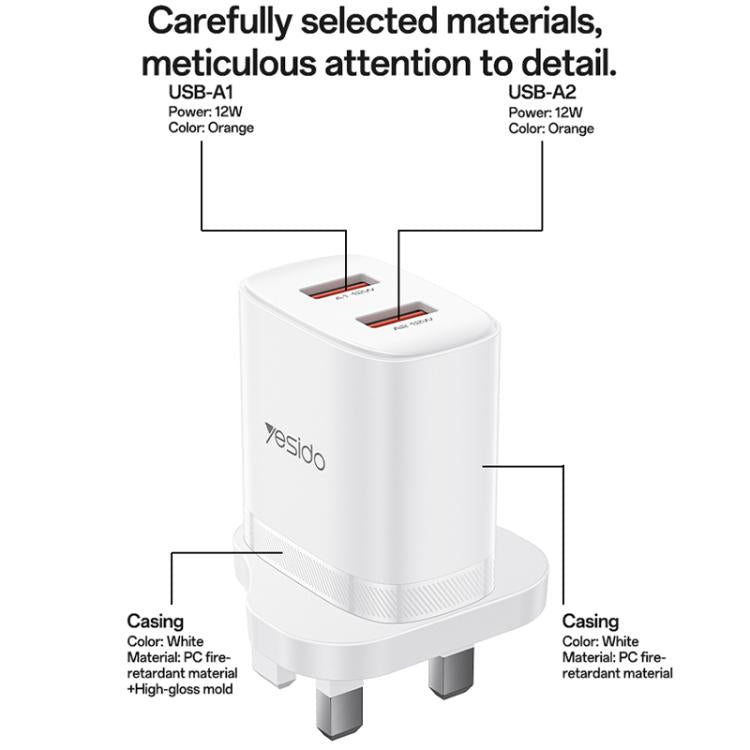 Yesido YC150 12W 2.4A USB Dual Ports Charger Set with 1m USB to Type-C Data Cable, UK Plug - White