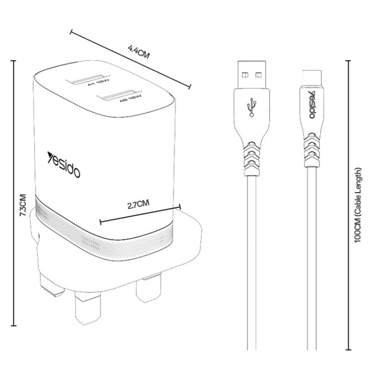 Yesido YC150 12W 2.4A USB Dual Ports Charger Set with 1m USB to Type-C Data Cable, UK Plug - White