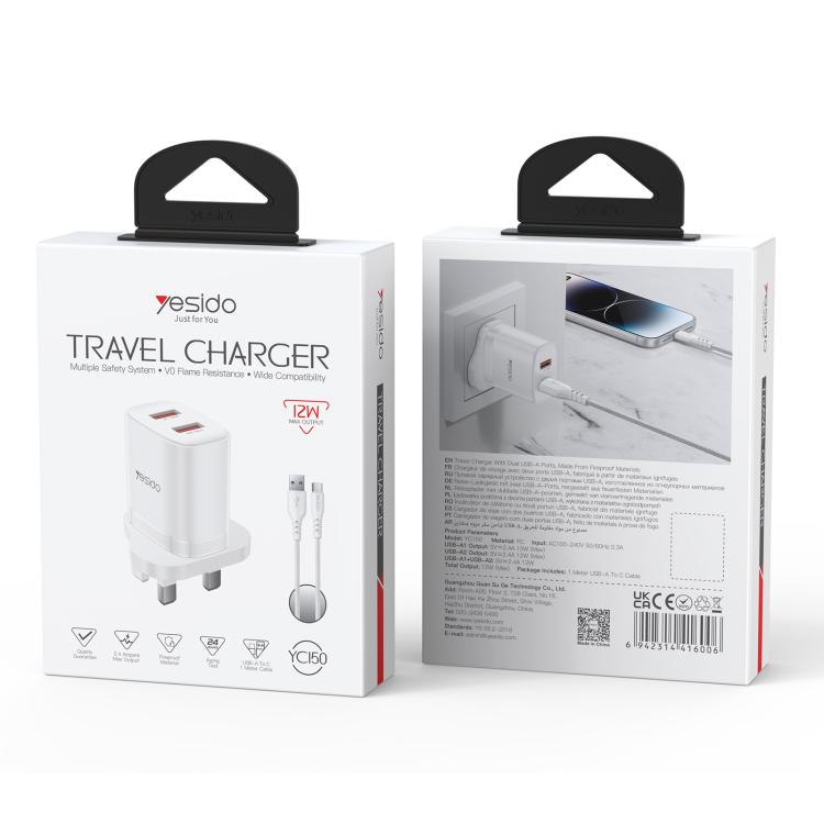 Yesido YC150 12W 2.4A USB Dual Ports Charger Set with 1m USB to Type-C Data Cable, UK Plug - White