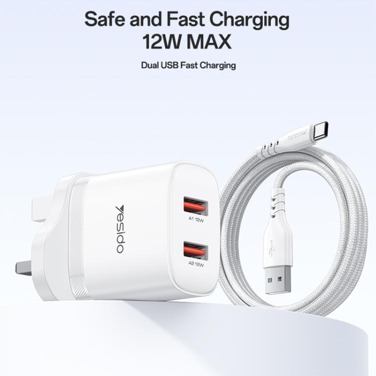 Yesido YC150 12W 2.4A USB Dual Ports Charger Set with 1m USB to Type-C Data Cable, UK Plug - White