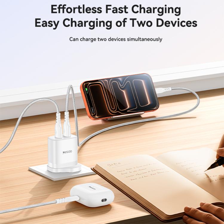 Yesido YC150 12W 2.4A USB Dual Ports Charger Set with 1m USB to Type-C Data Cable, UK Plug - White