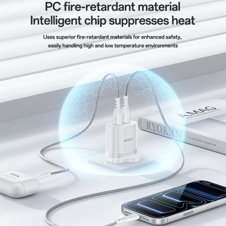 Yesido YC150 12W 2.4A USB Dual Ports Charger Set with 1m USB to Type-C Data Cable, UK Plug - White