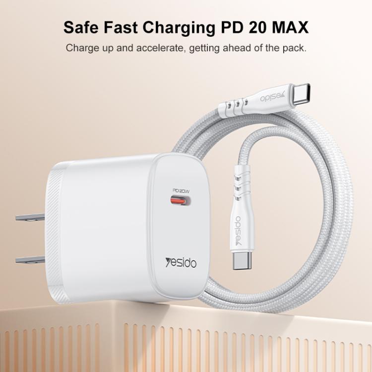 Yesido YC18U PD20W Type-C Charger Set with 1m Type-C to Type-C Data Cable, US Plug - White