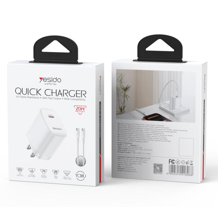 Yesido YC18U PD20W Type-C Charger Set with 1m Type-C to Type-C Data Cable, US Plug - White