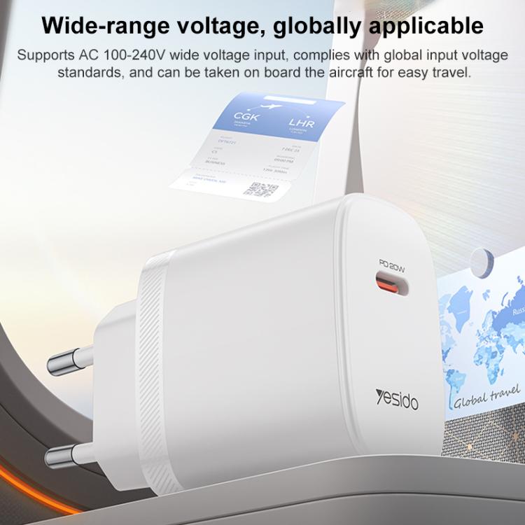 Yesido YC105 PD20W Type-C Charger Set with 1m Type-C to Type-C Data Cable, EU Plug - White
