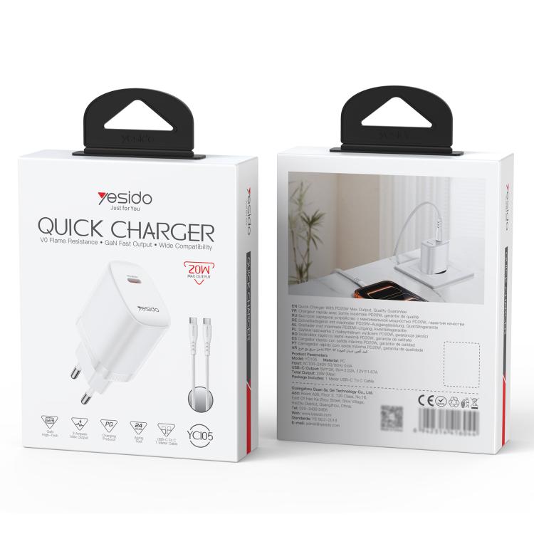Yesido YC105 PD20W Type-C Charger Set with 1m Type-C to Type-C Data Cable, EU Plug - White