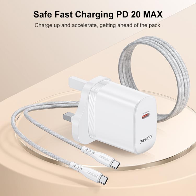 Yesido YC151 PD20W Type-C Charger Set with 1m Type-C to Type-C Data Cable, UK Plug - White