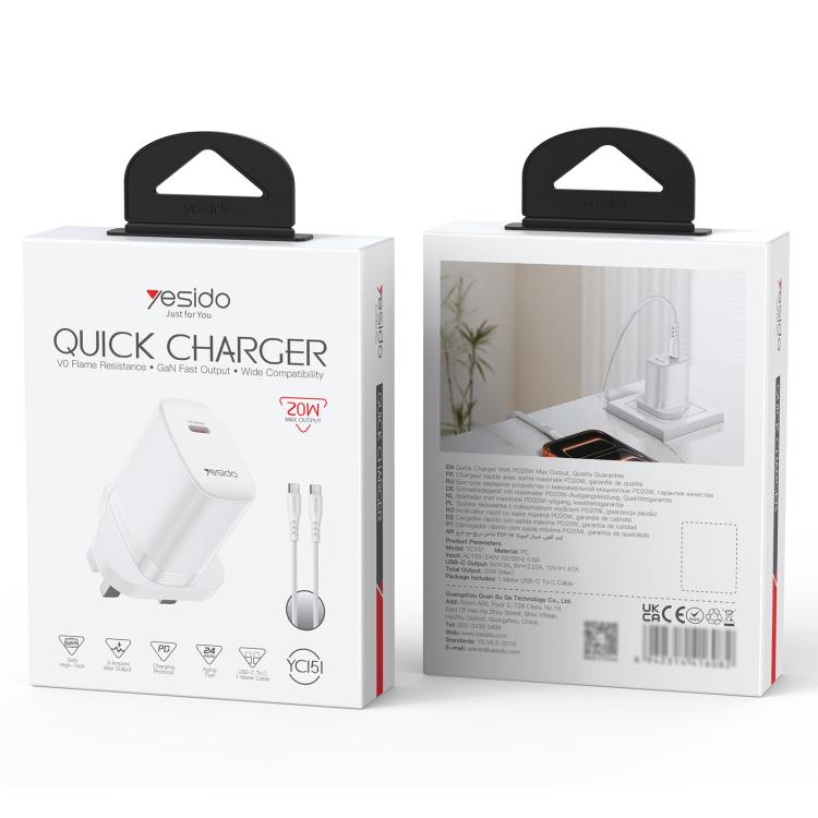 Yesido YC151 PD20W Type-C Charger Set with 1m Type-C to Type-C Data Cable, UK Plug - White