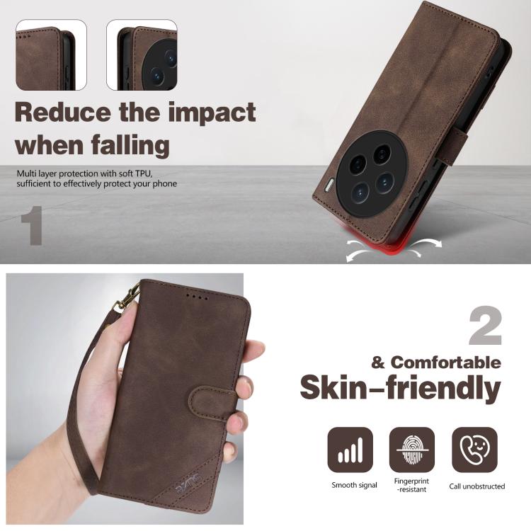 For vivo X200 AZNS A2 Series Tri-Card Wallet RFID Vegan Leather Phone Case with Strap
