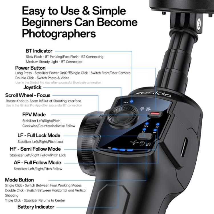 Yesido SF32 Pro Telescopic 3-Axis Gimbal Selfie Stick with AI Module - Black