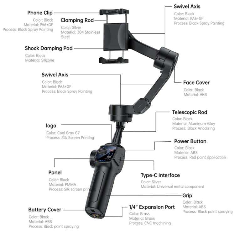 Yesido SF32 Telescopic 3-Axis Gimbal Selfie Stick - Black