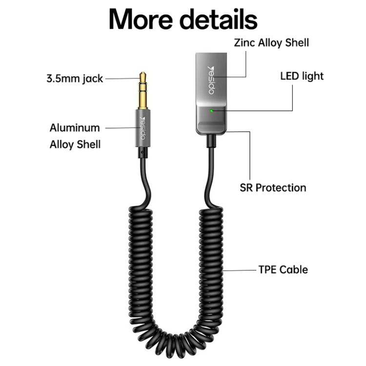 Yesido YAU82 AUX 3.5mm Car Bluetooth 5.0 Audio Adapter - Black