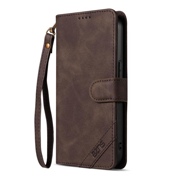 For iPhone 13 Pro Max AZNS A2 Series Tri-Card Wallet RFID Vegan Leather Phone Case with Strap