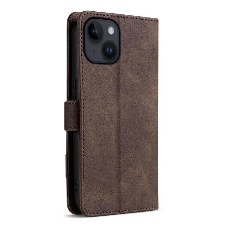 For iPhone 14 Plus AZNS A2 Series Tri-Card Wallet RFID Vegan Leather Phone Case with Strap