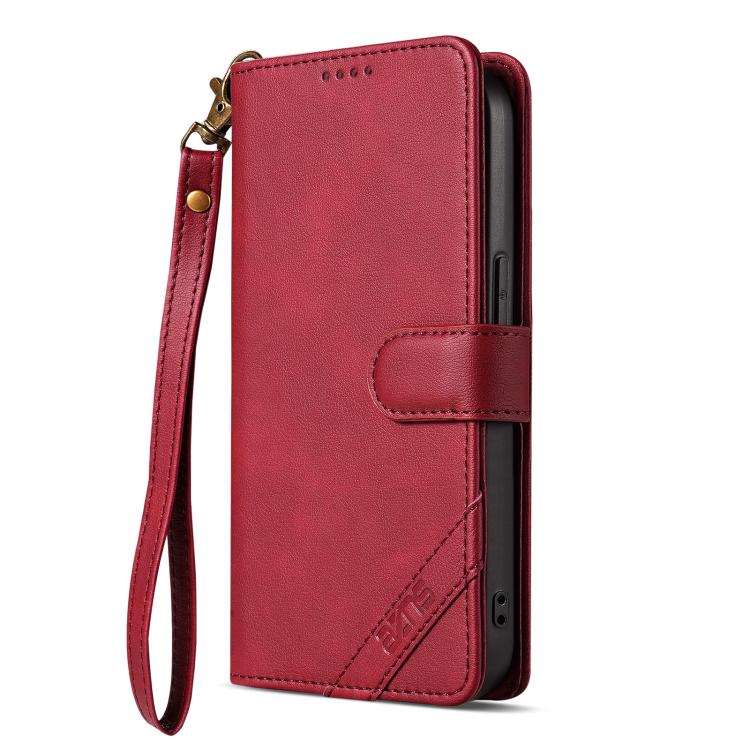 For iPhone 14 Plus AZNS A2 Series Tri-Card Wallet RFID Vegan Leather Phone Case with Strap