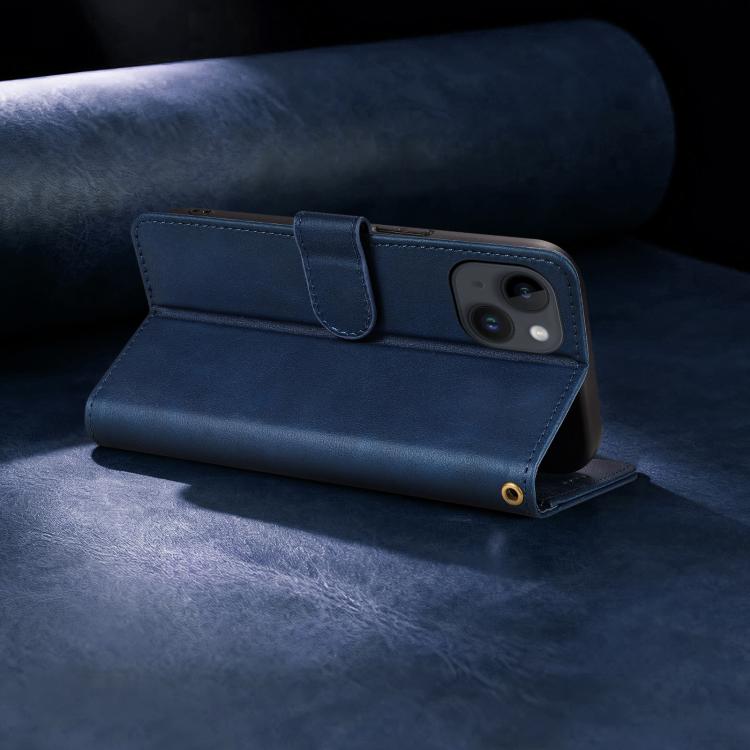 For iPhone 14 Plus AZNS A2 Series Tri-Card Wallet RFID Vegan Leather Phone Case with Strap