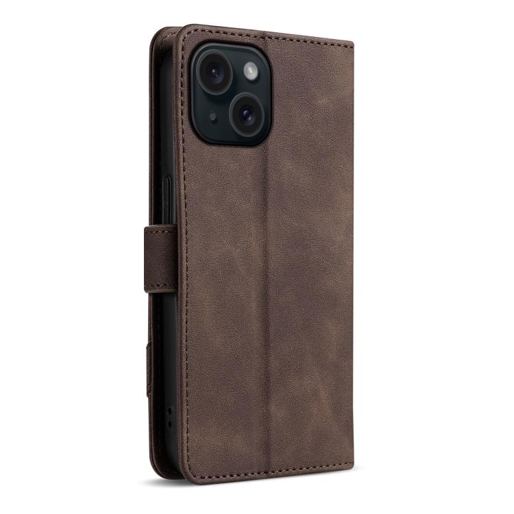 For iPhone 15 Plus AZNS A2 Series Tri-Card Wallet RFID Vegan Leather Phone Case with Strap