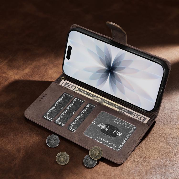 For iPhone 15 Plus AZNS A2 Series Tri-Card Wallet RFID Vegan Leather Phone Case with Strap