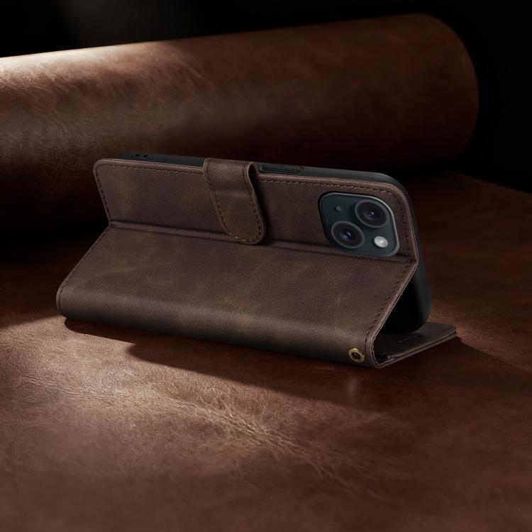 For iPhone 15 Plus AZNS A2 Series Tri-Card Wallet RFID Vegan Leather Phone Case with Strap