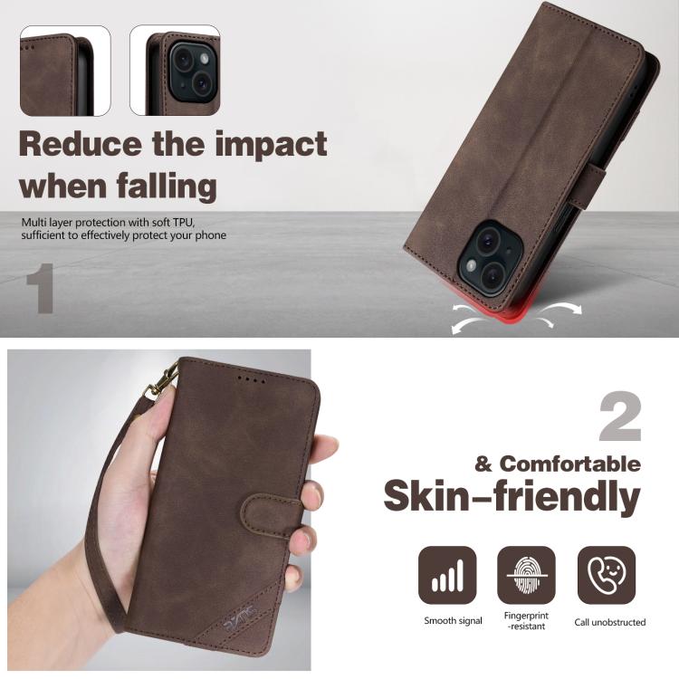 For iPhone 15 Plus AZNS A2 Series Tri-Card Wallet RFID Vegan Leather Phone Case with Strap