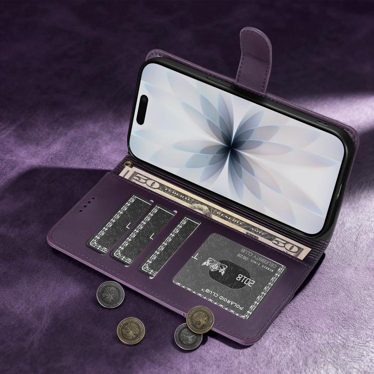For iPhone 15 Plus AZNS A2 Series Tri-Card Wallet RFID Vegan Leather Phone Case with Strap