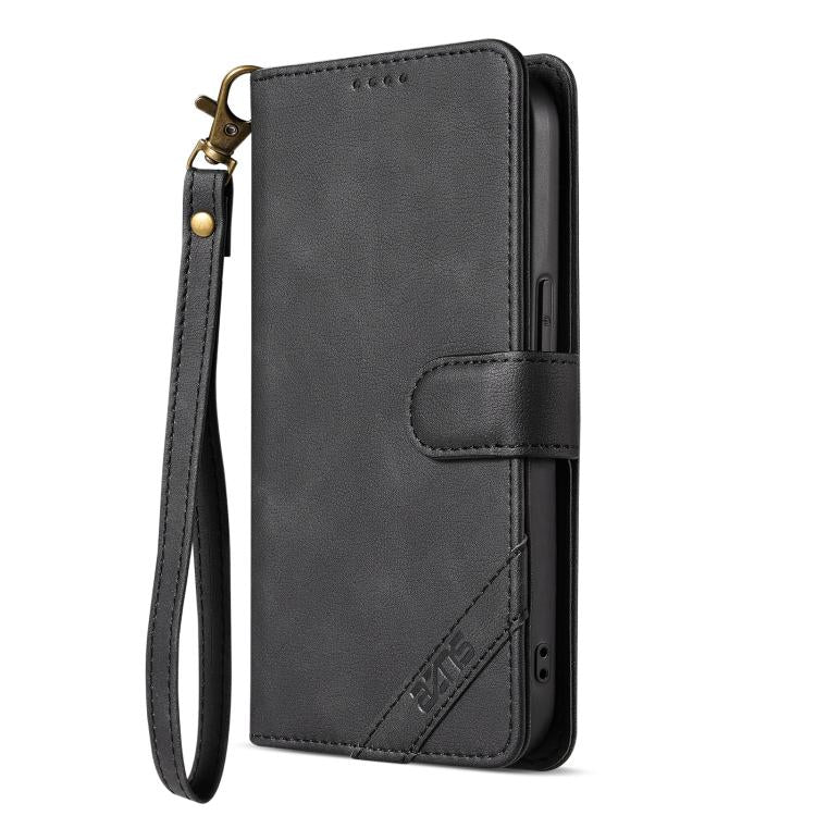 For iPhone 15 Plus AZNS A2 Series Tri-Card Wallet RFID Vegan Leather Phone Case with Strap