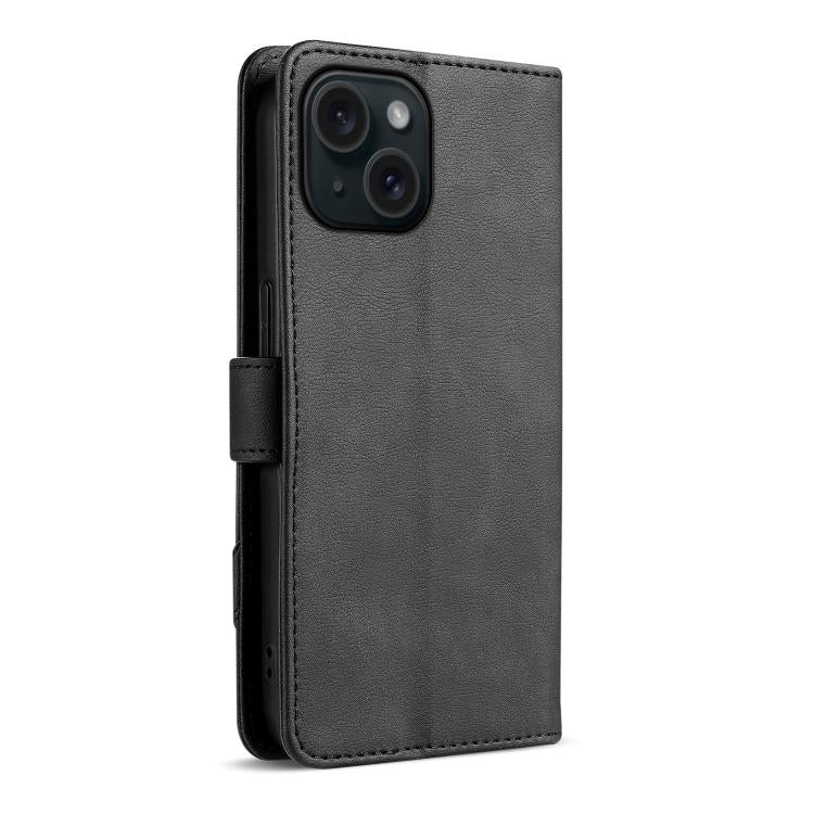 For iPhone 15 Plus AZNS A2 Series Tri-Card Wallet RFID Vegan Leather Phone Case with Strap