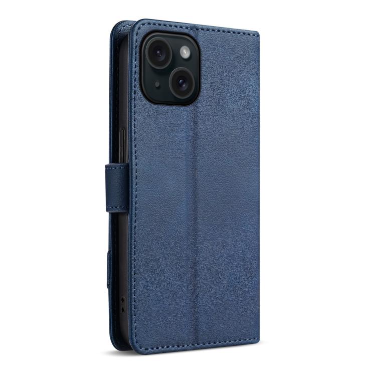 For iPhone 15 Plus AZNS A2 Series Tri-Card Wallet RFID Vegan Leather Phone Case with Strap