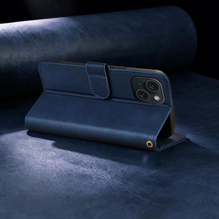 For iPhone 15 Plus AZNS A2 Series Tri-Card Wallet RFID Vegan Leather Phone Case with Strap