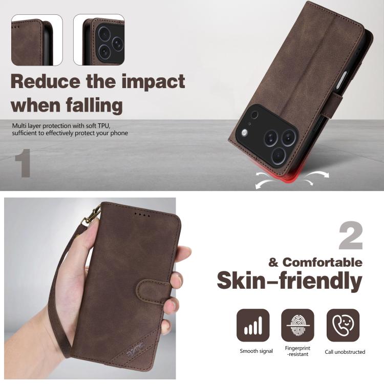 For iPhone 17 Pro AZNS A2 Series Tri-Card Wallet RFID Vegan Leather Phone Case with Strap