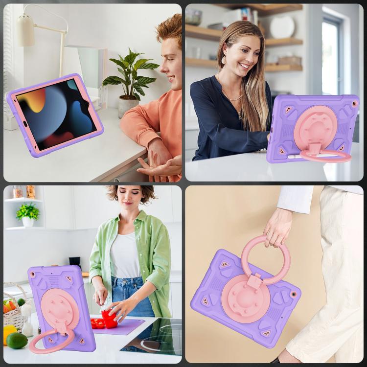 For iPad 10.2 2021 / 2020 / 2019 Space Planet Ring Holder Silicone Hydric PC Tablet Case with Shoulder Strap